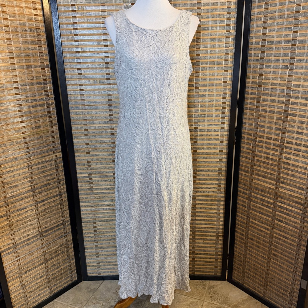 Harlow Nites Lace Maxi Dress Women M Silver Vintage 90s Metallic Formal Evening